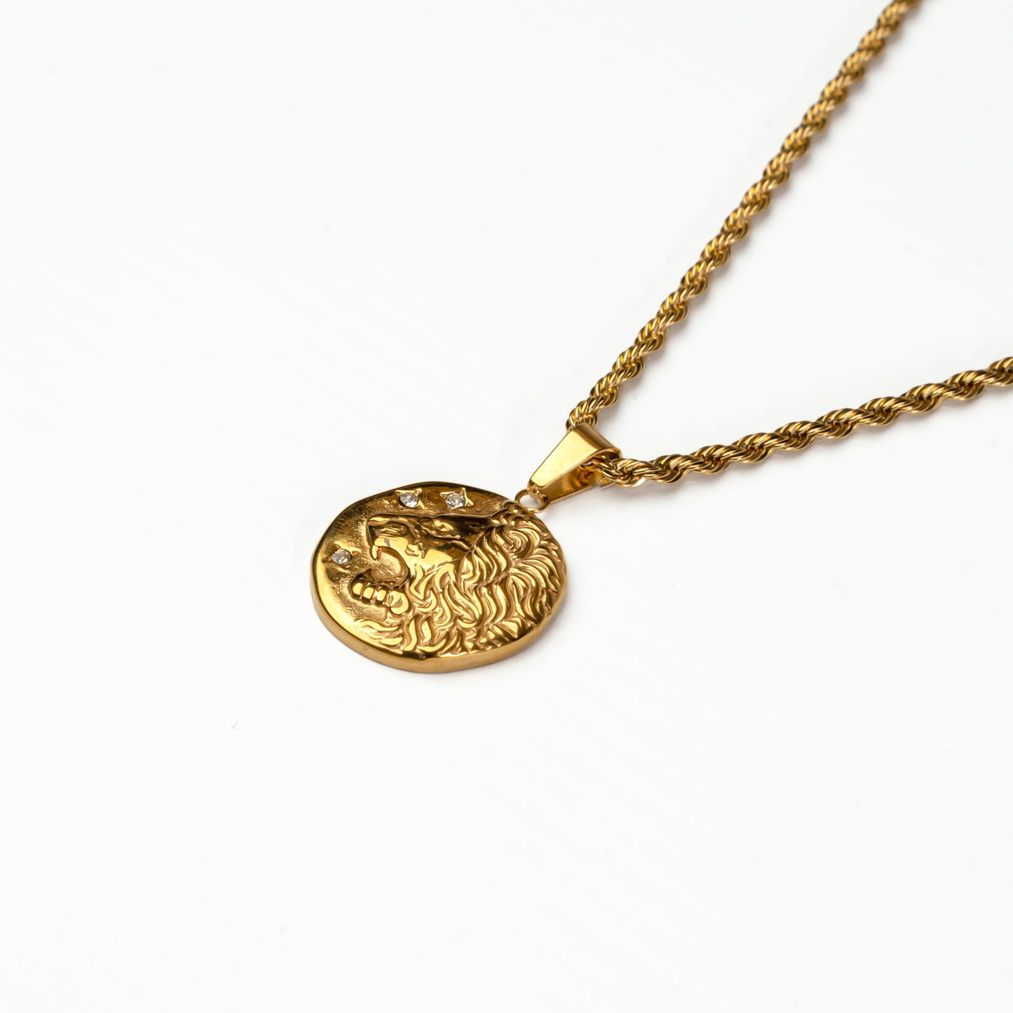 Close-up of gold stainless steel lion pendant, scratch-resistant and water-resistant