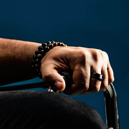 Mens black Band ring, tigers eye and black onyx beads