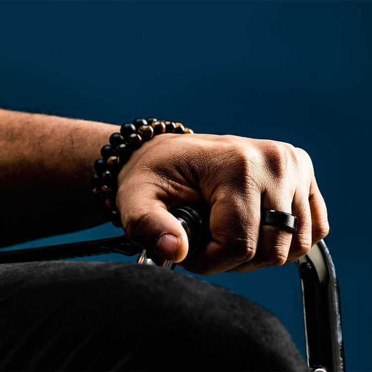 Mens black Band ring, tigers eye and black onyx beads