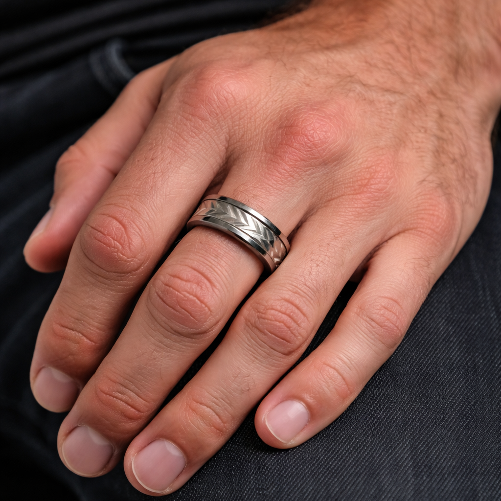Hand wearing a silver ring on a dark background