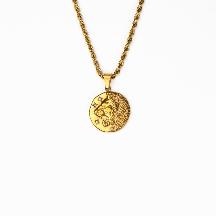 Gold Lion Coin Pendant with intricate lion engraving and durable PVD coating