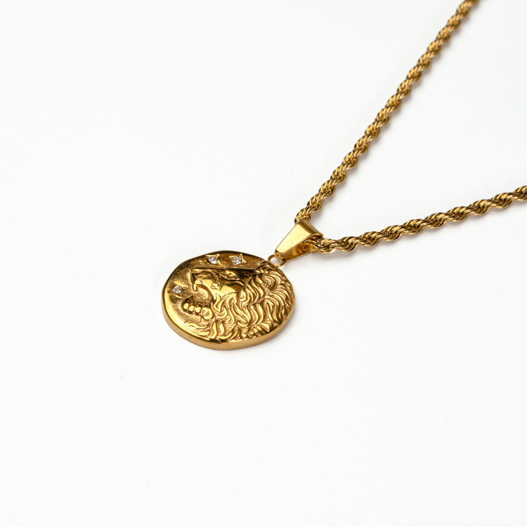 Close-up of gold stainless steel lion pendant, scratch-resistant and water-resistant