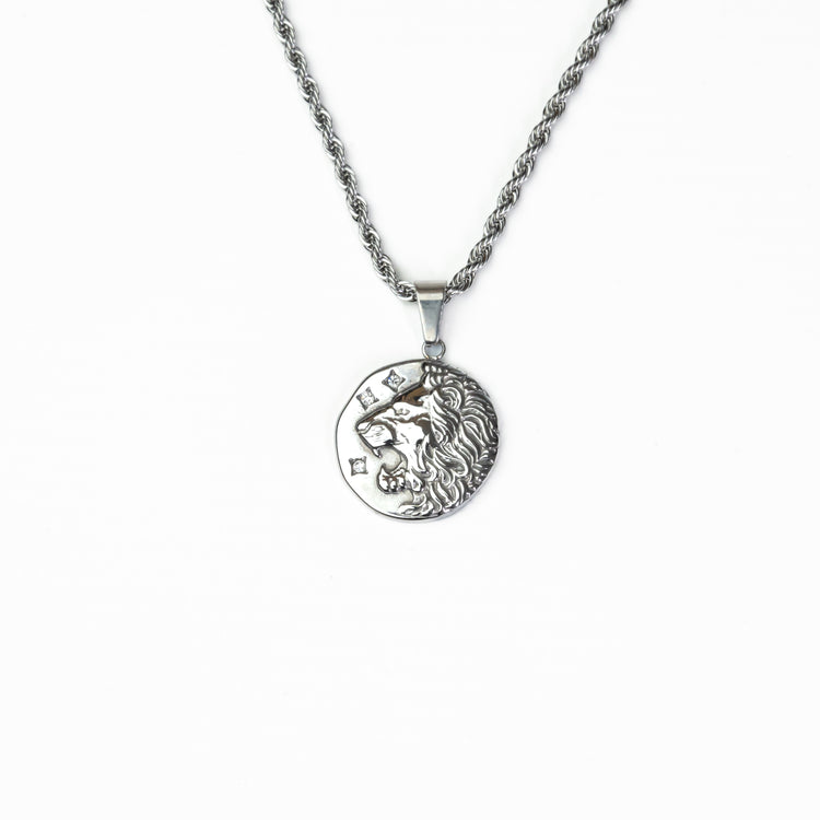 Silver Lion Coin Pendant with detailed lion engraving in stainless steel