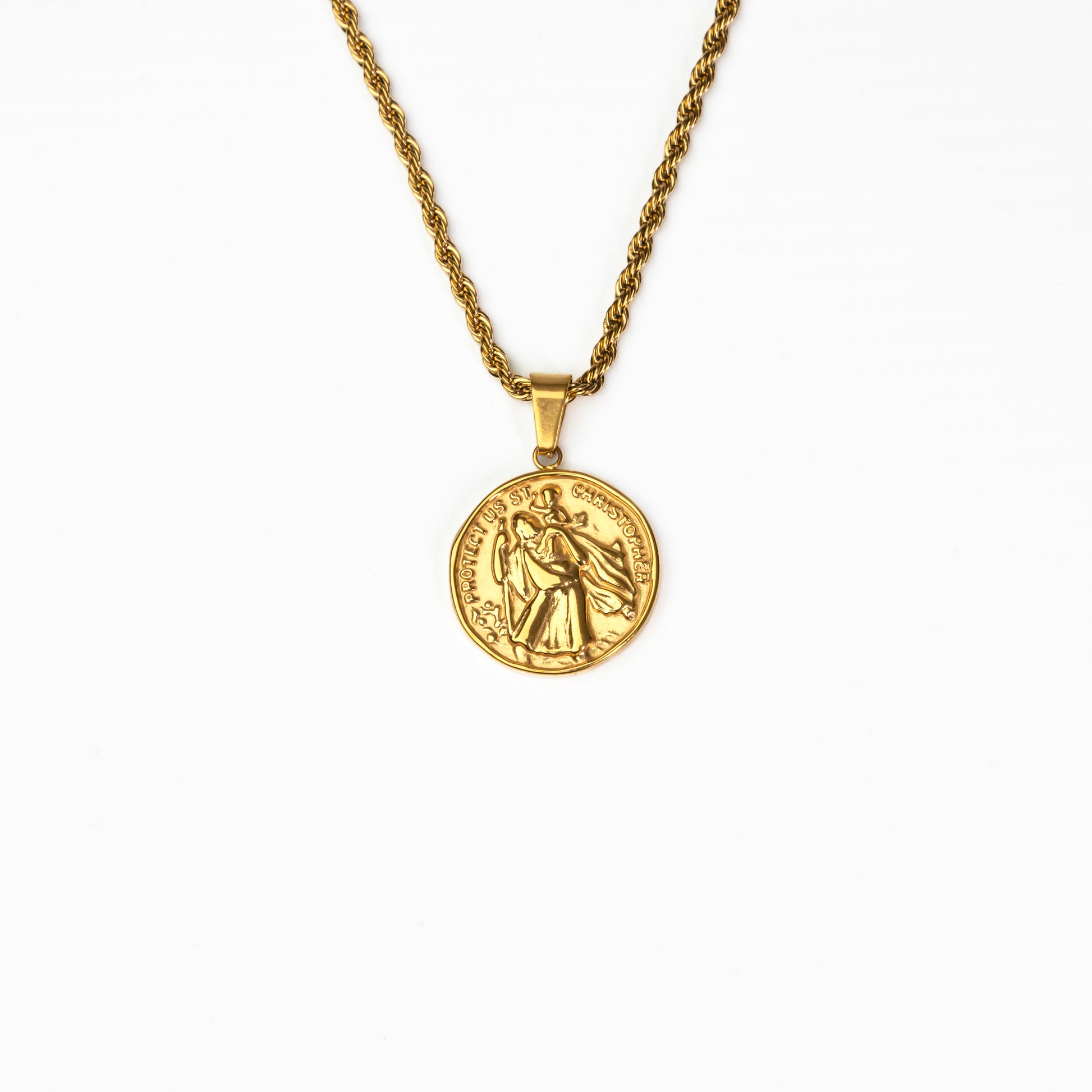 Close-up of gold Saint Christopher pendant, tarnish-resistant