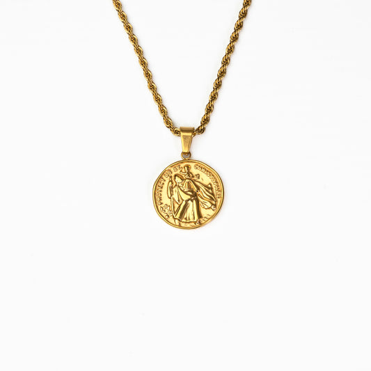 Close-up of gold Saint Christopher pendant, tarnish-resistant