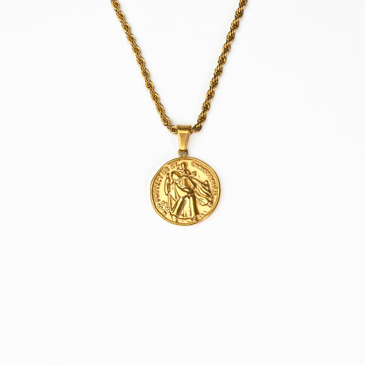 Close-up of gold Saint Christopher pendant, tarnish-resistant